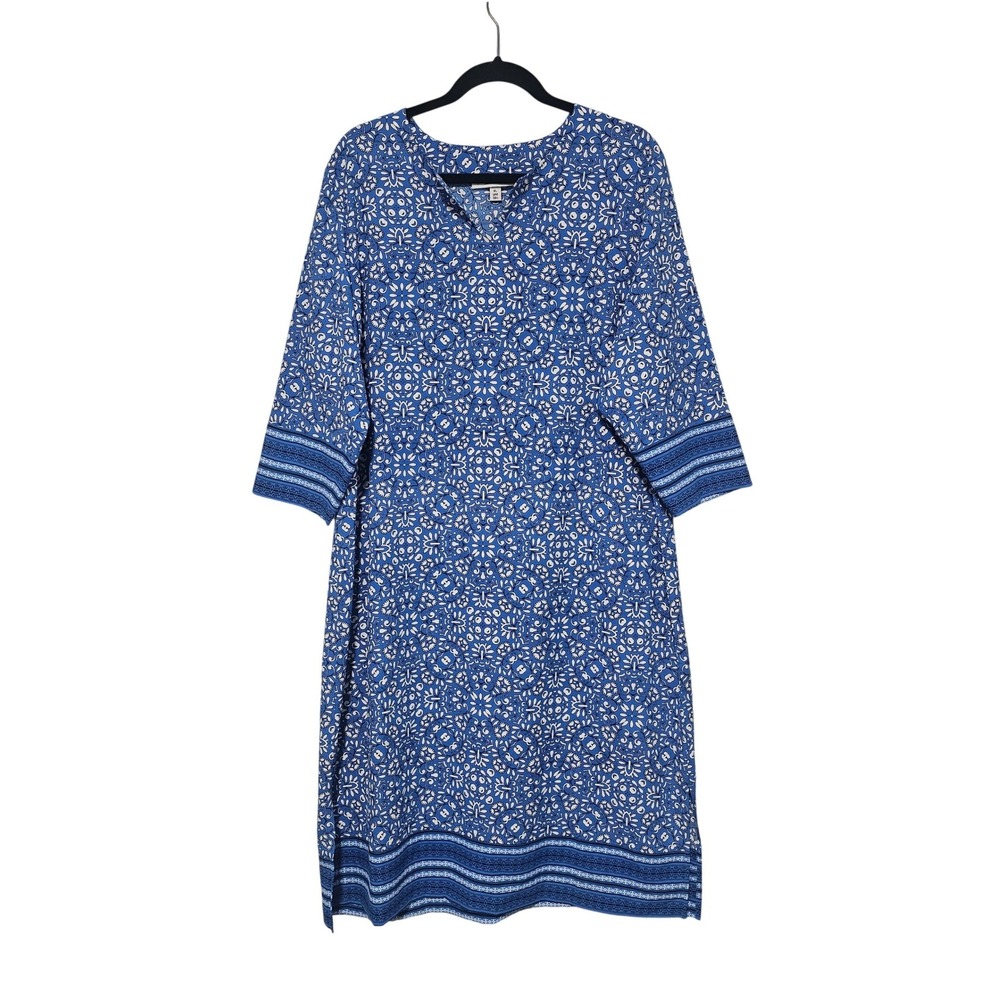 Coolibar Fiji Long Tunic Dress XL Blue White UPF 50+ Floral Resortwear Vacation